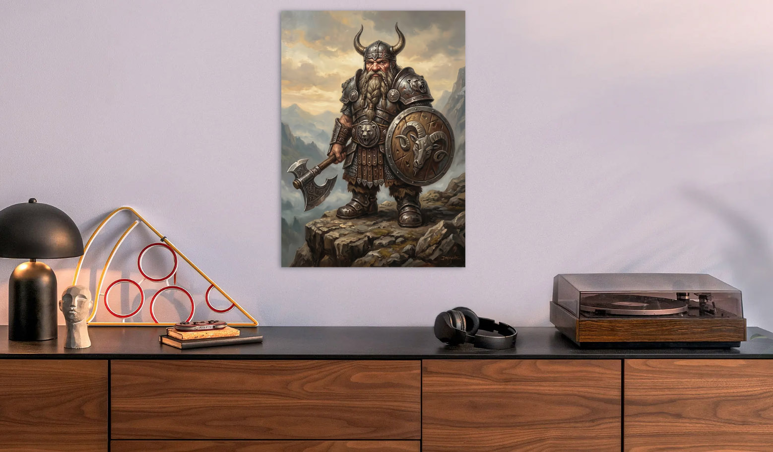 Dwarf Warrior with Axe in Mountains — metal poster wall art by Lineer